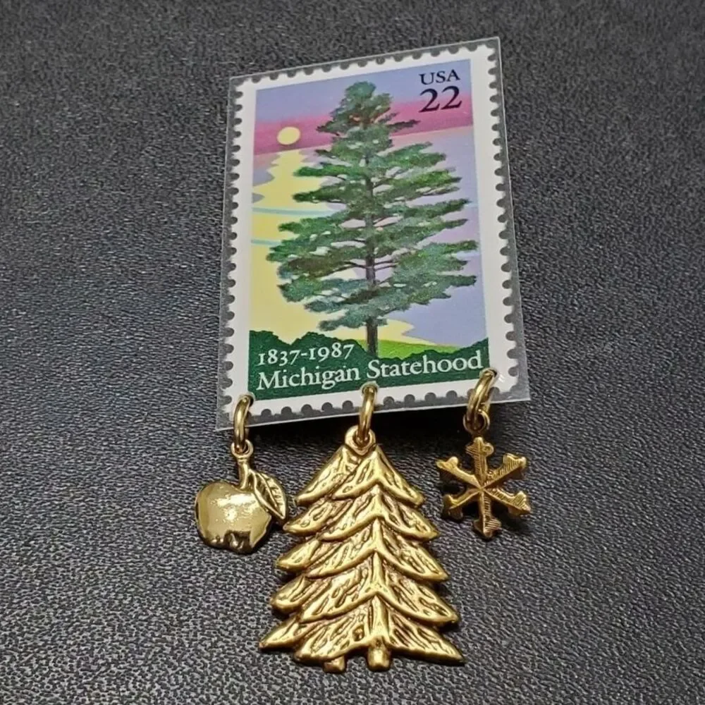 Michigan statehood stamp brooch gold tone